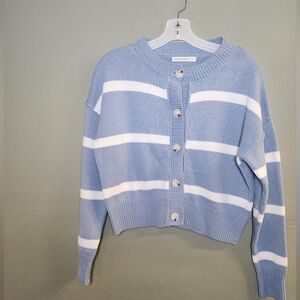 ​Moon & Madison S Cropped Cardigan Y2K  Blue White Stripe Knit Button Sweater